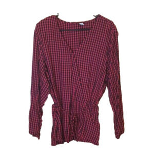 (e2-4) Black red checked wrap shirt XL